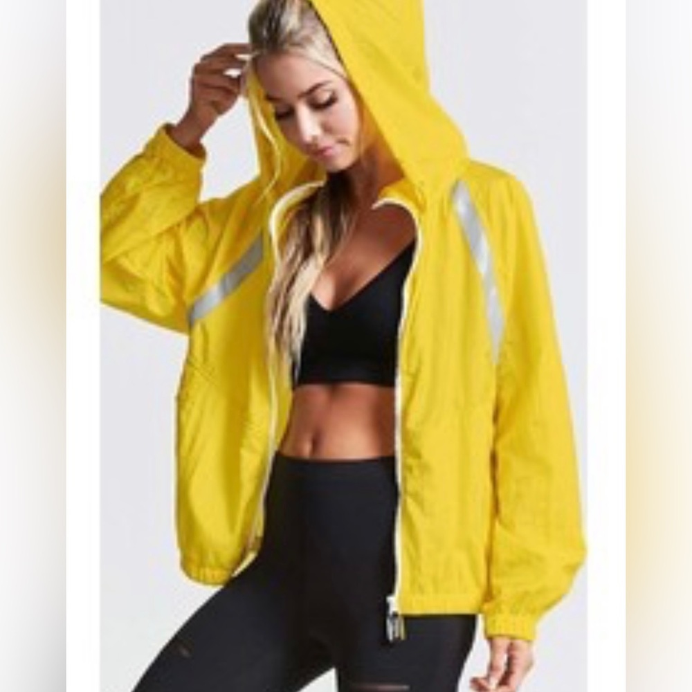 Forever 21 Sport Windbreaker Sz M Yellow Hidden Hood Yellow Jackets